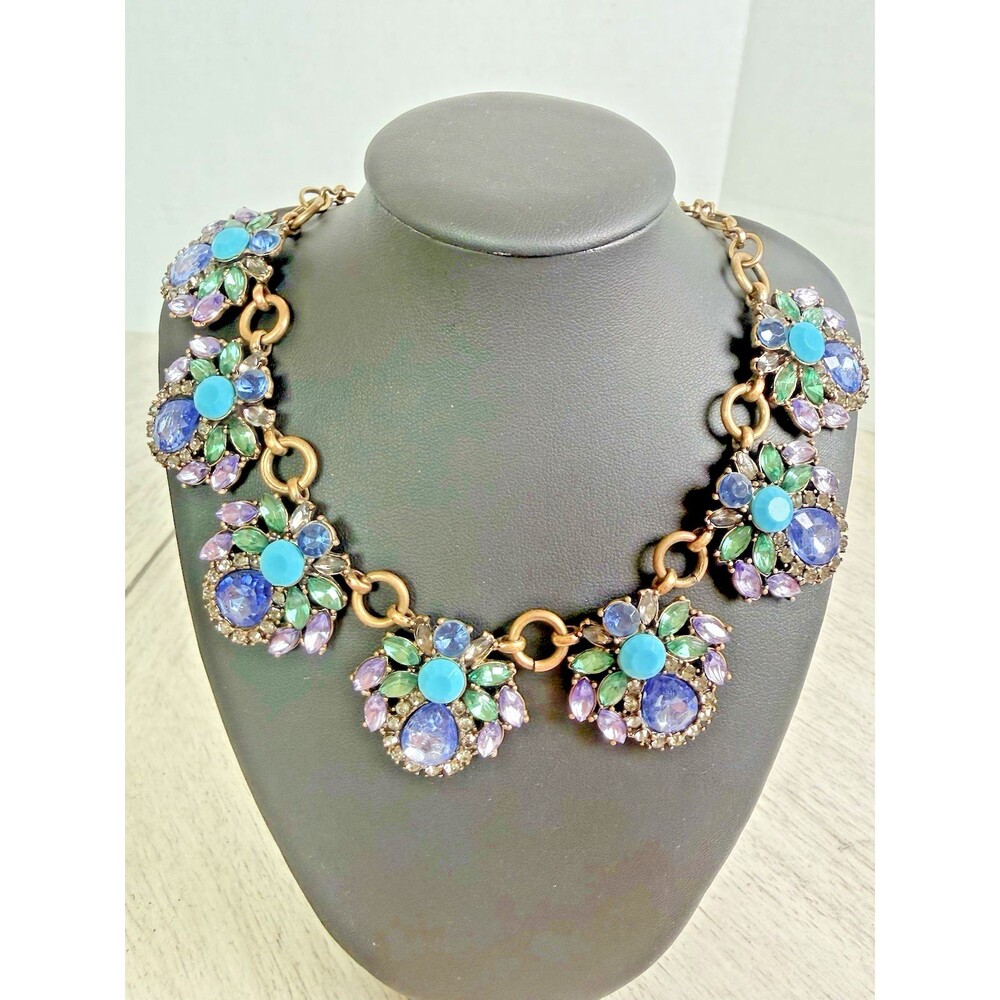 Juliane Style Turquoise Like Cabochon Purple Blue Rhinestone Statement Necklace